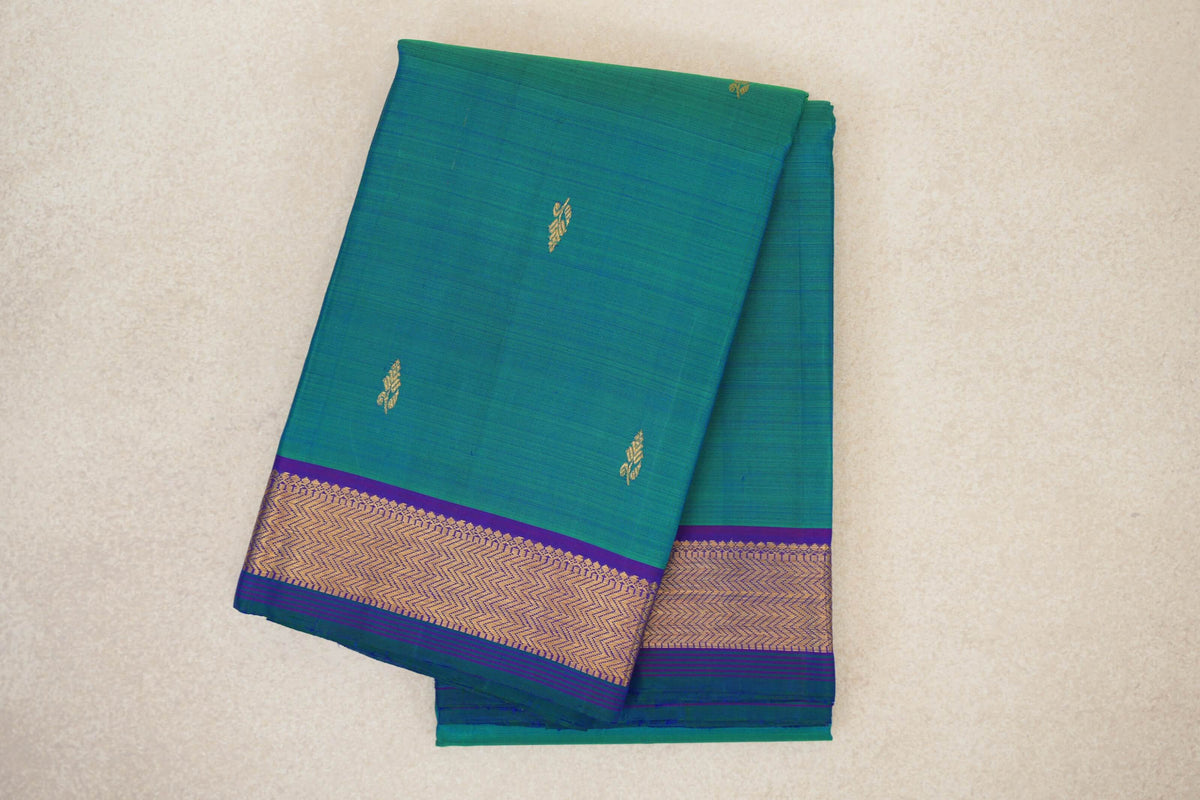 Dual Tone of Green and Blue with Violet Purple Borders with Dark Bottle Green Selvedge Vintage Kanjivaram Silk Saree by Shreenivas Silks PSSR0110469
