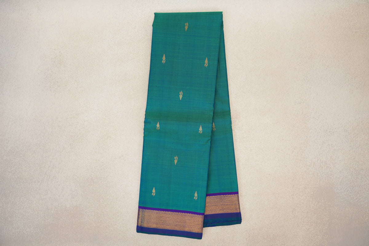 Dual Tone of Green and Blue with Violet Purple Borders with Dark Bottle Green Selvedge Vintage Kanjivaram Silk Saree by Shreenivas Silks PSSR0110469