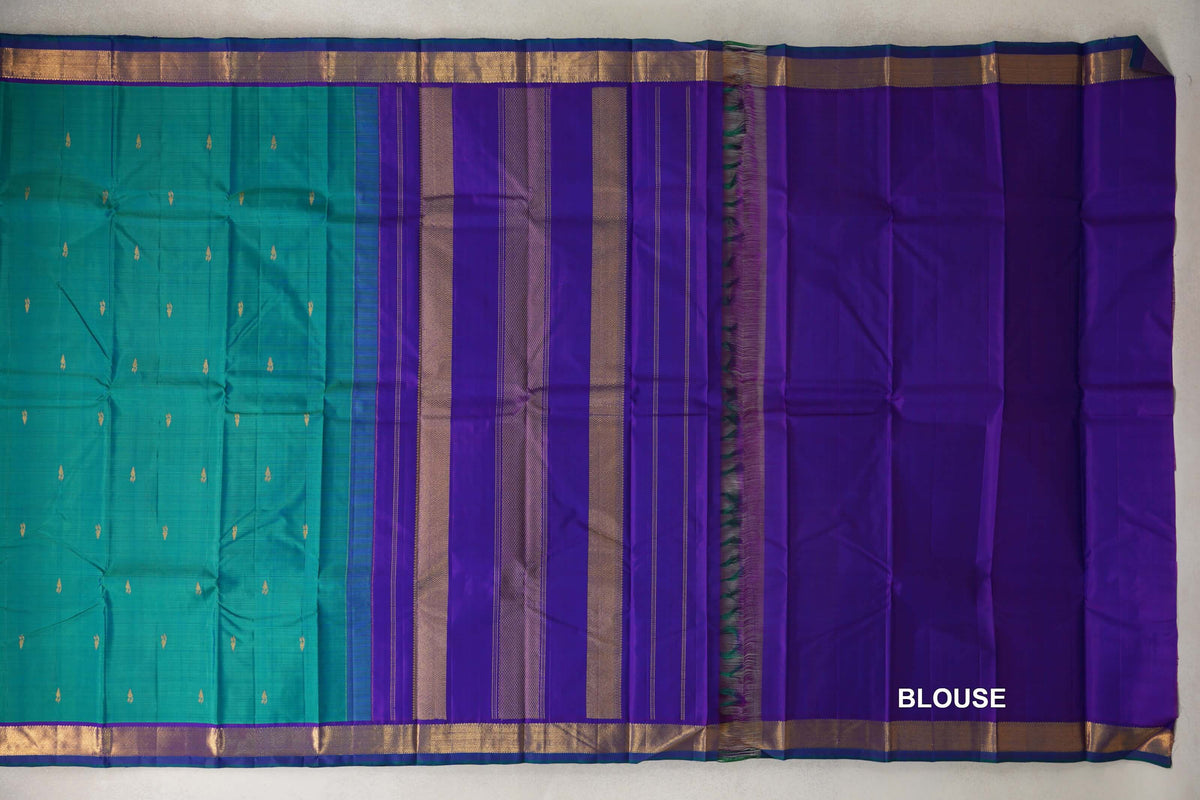 Dual Tone of Green and Blue with Violet Purple Borders with Dark Bottle Green Selvedge Vintage Kanjivaram Silk Saree by Shreenivas Silks PSSR0110469
