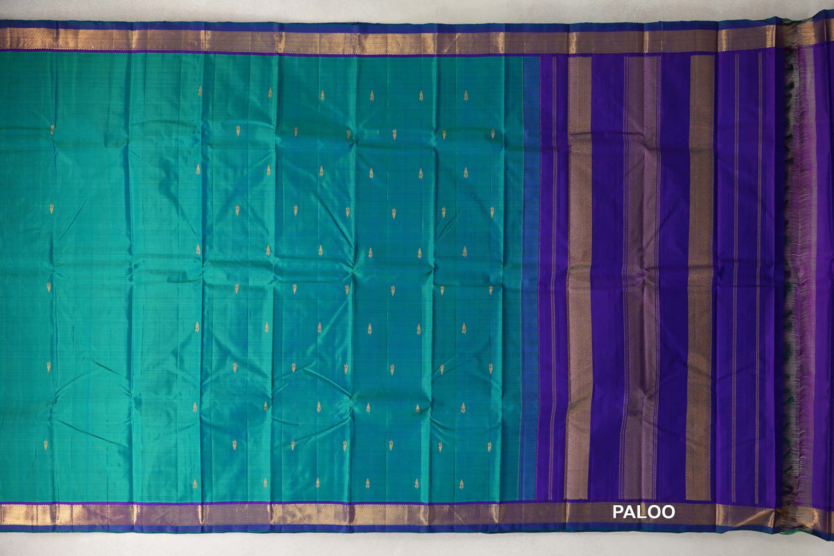 Dual Tone of Green and Blue with Violet Purple Borders with Dark Bottle Green Selvedge Vintage Kanjivaram Silk Saree by Shreenivas Silks PSSR0110469