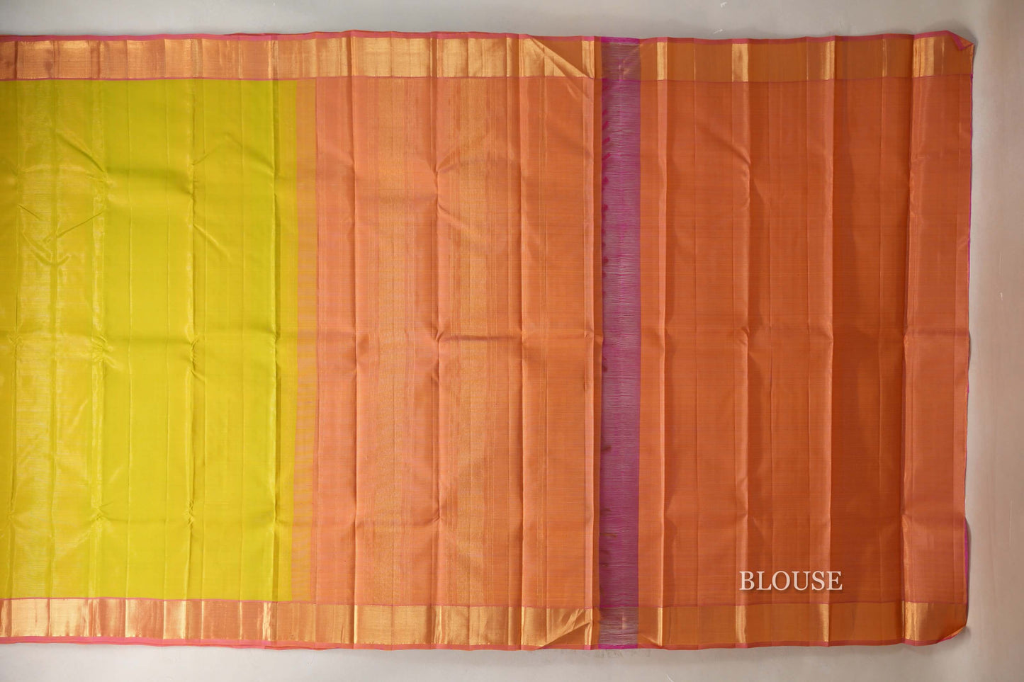 Yellowish Green with Dual Tone of Yellow and Pink Borders Vintage Kanjivaram Silk Saree by Shreenivas Silks PSSR019366