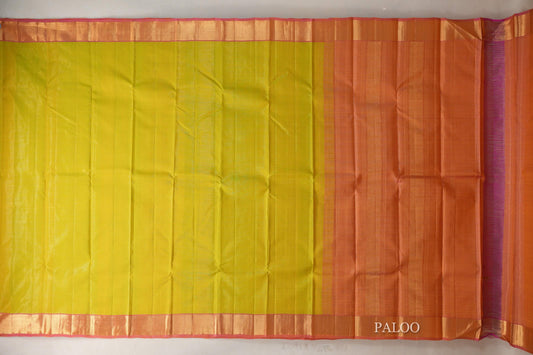 Yellowish Green with Dual Tone of Yellow and Pink Borders Vintage Kanjivaram Silk Saree by Shreenivas Silks PSSR019366