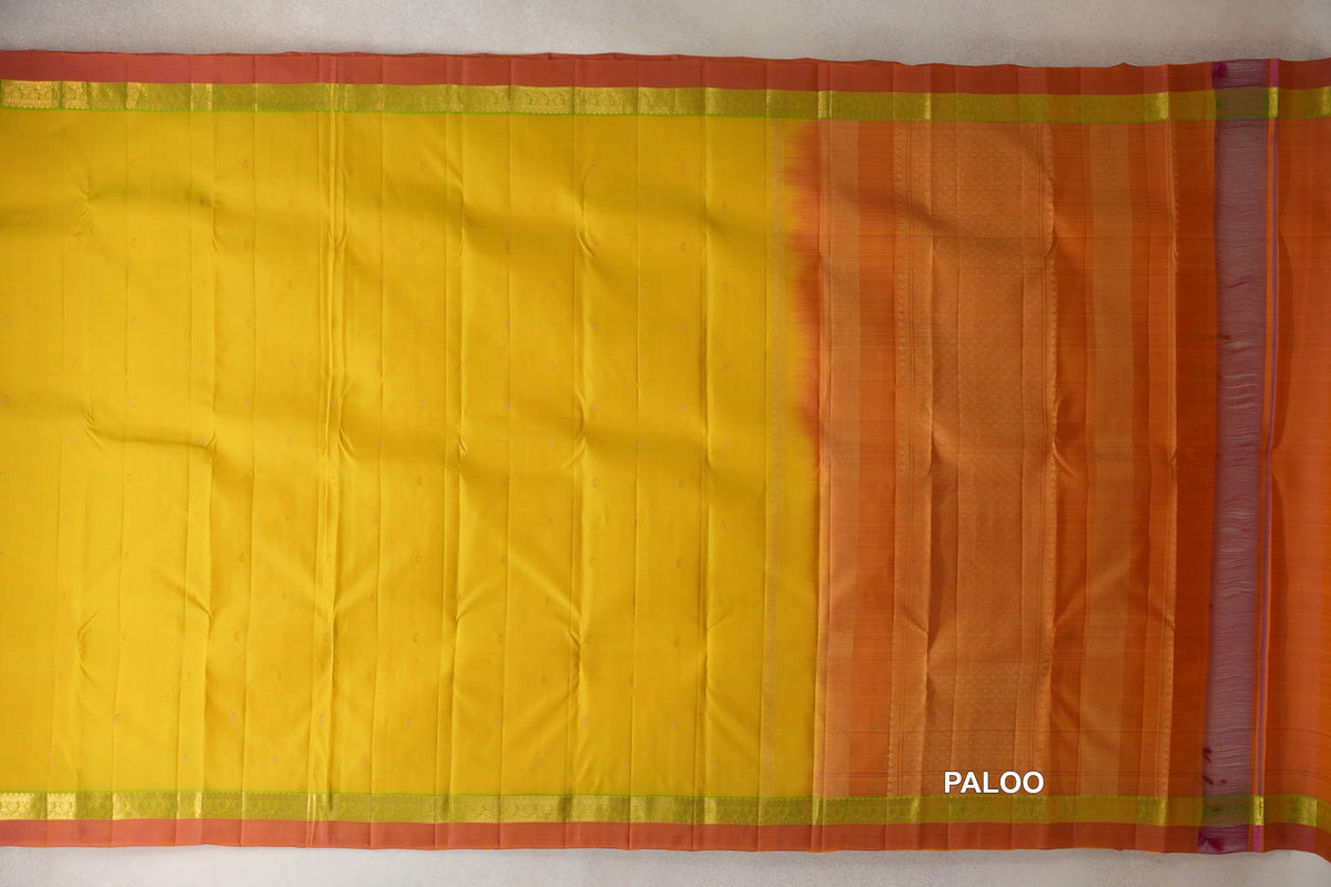 Lemon yellow vintage kanjivaram saree paloo