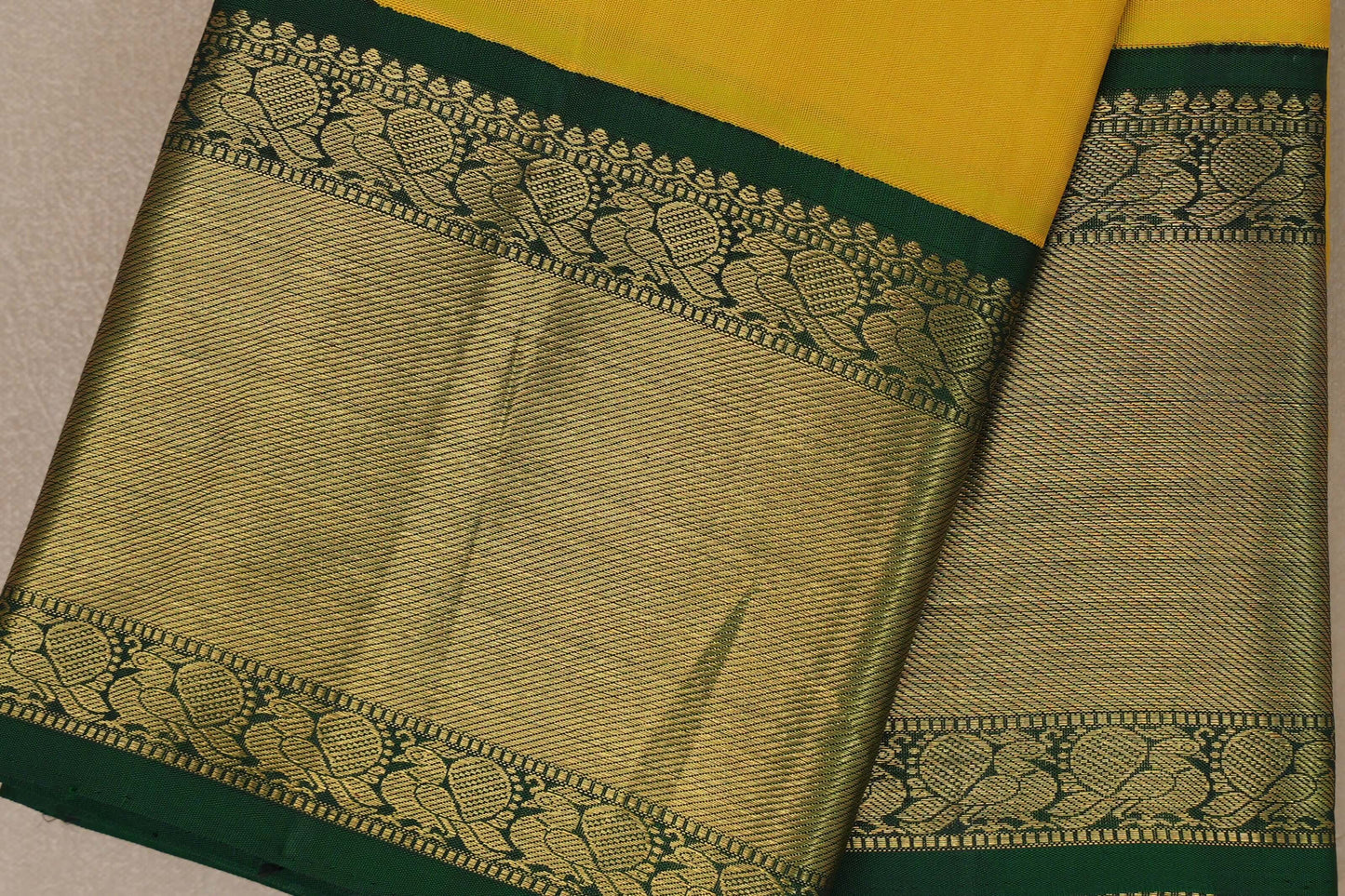 Bright yellow with Bottle Green borders Vintage Kanjivaram Silk Saree by Shreenivas Silks PSSR019375