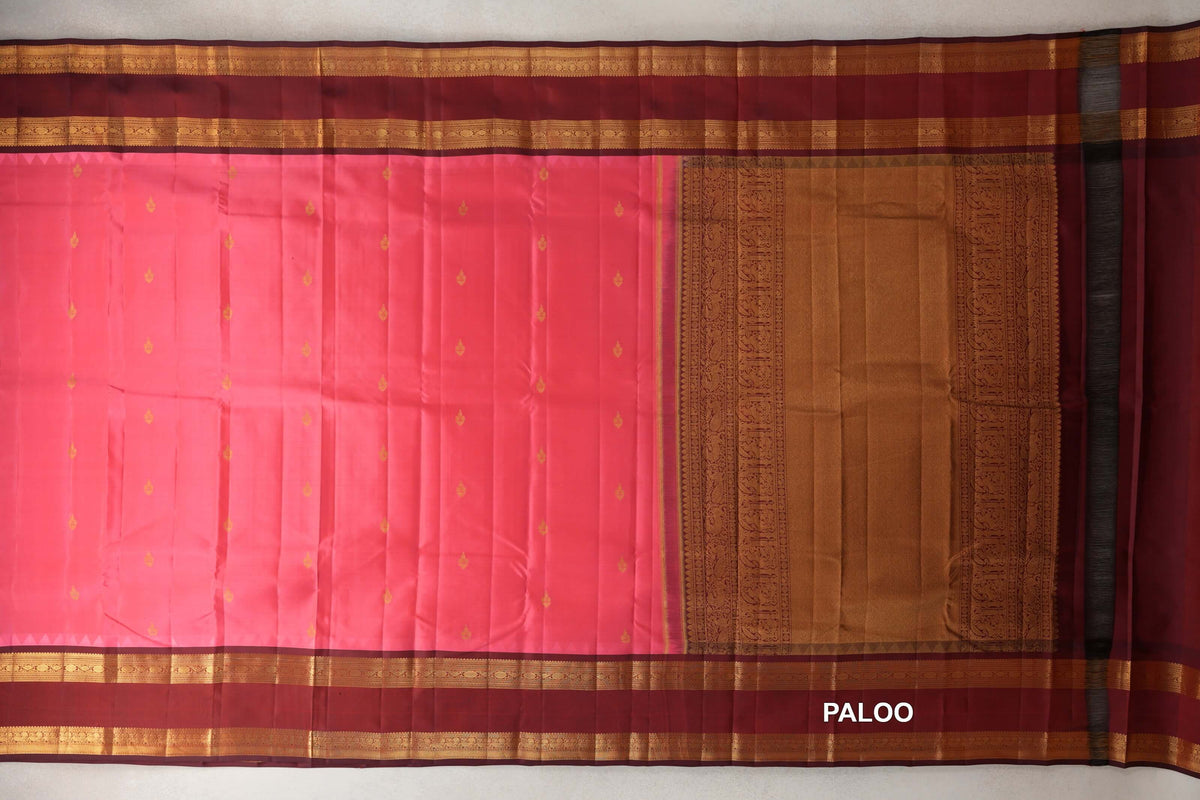 Coral Pink Vintage Kanjivaram Silk Saree paloo