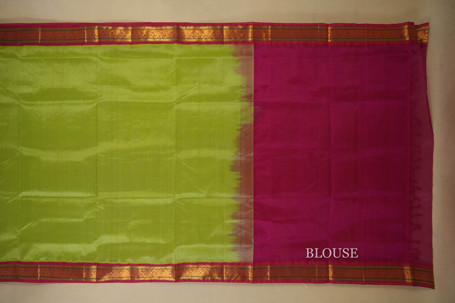 Pista Green with Pink Borders Silk Cotton Saree blouse