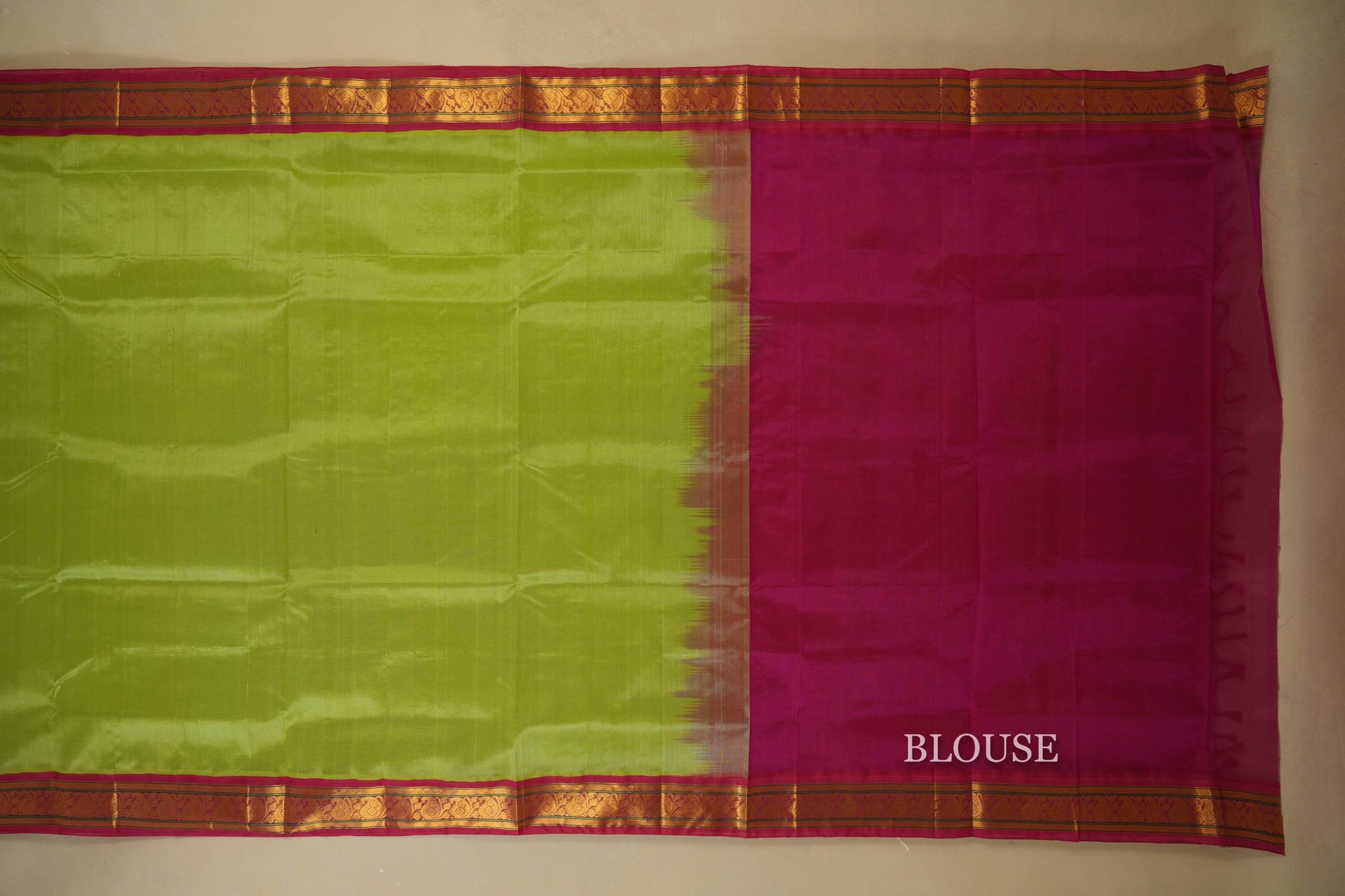 Pista Green with Pink Borders Silk Cotton Saree blouse