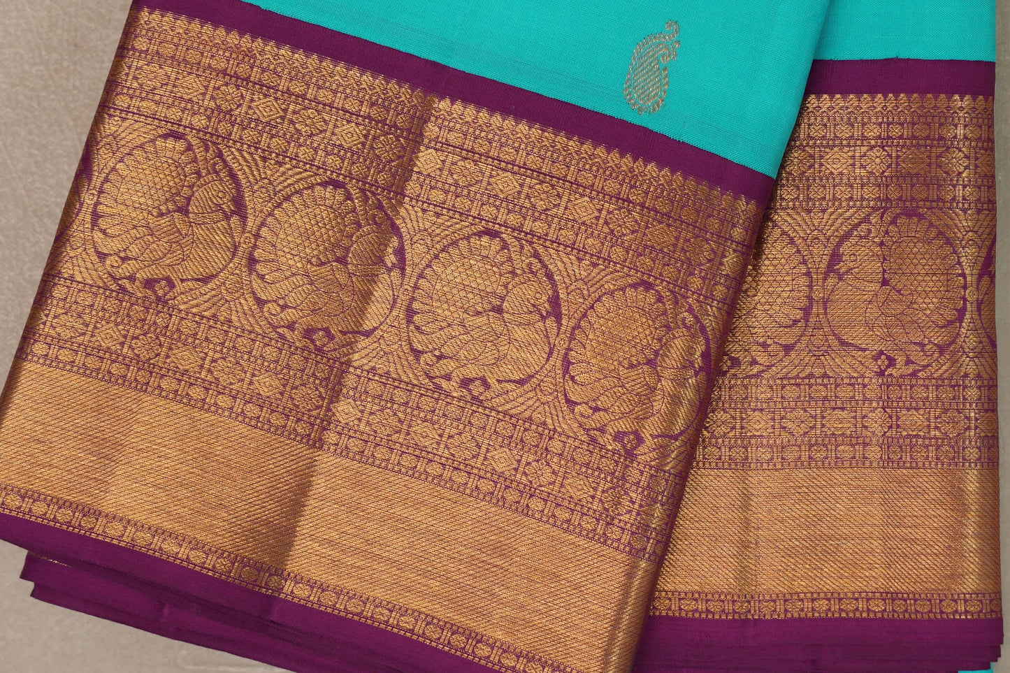 Rama blue with Deep Magenta borders Vintage Kanjivaram Silk Saree by Shreenivas Silks PSSR019377