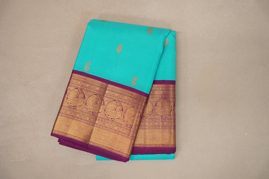 Rama blue with Deep Magenta borders Vintage Kanjivaram Silk Saree by Shreenivas Silks PSSR019377