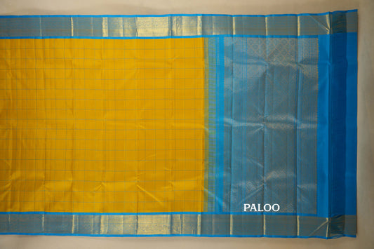 Lemon Yellow with Rama Blue Borders Vintage Kanjivaram Silk Saree paloo