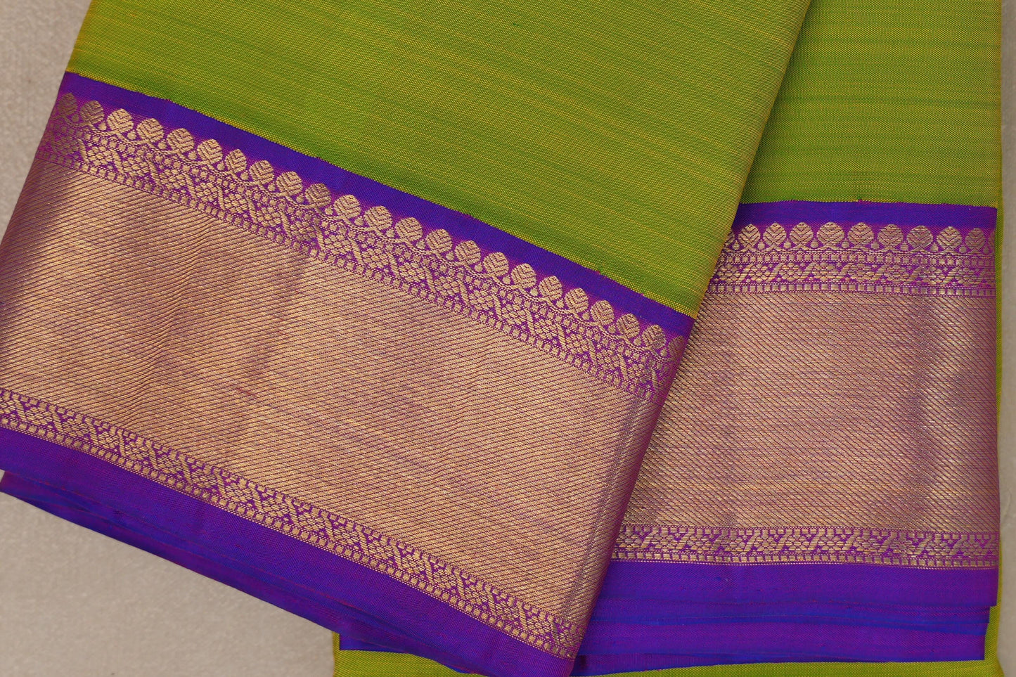 Parrot green with Dual Tone Blue and Magenta borders Vintage Kanjivaram Silk Saree by Shreenivas Silks PSSR019380