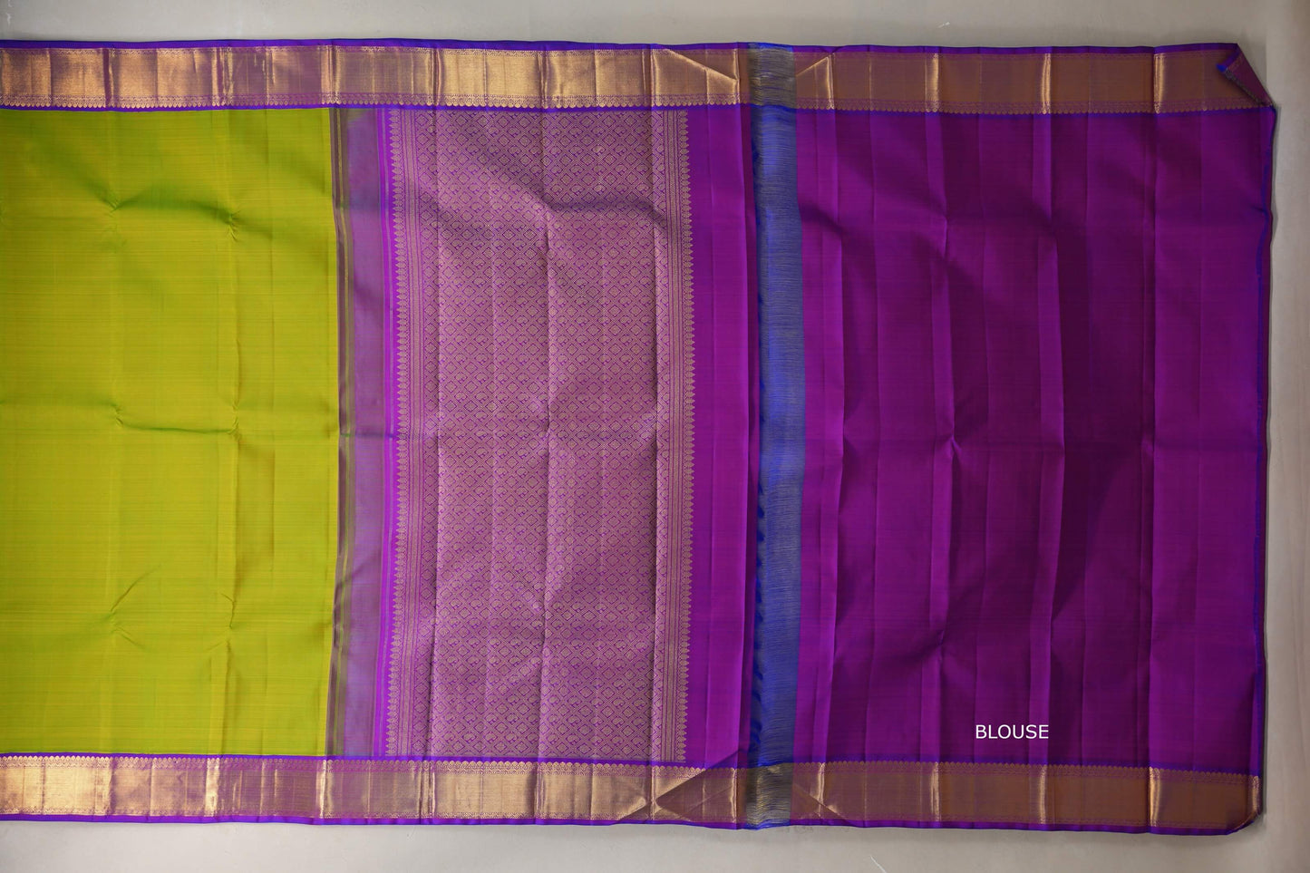 Parrot green with Dual Tone Blue and Magenta borders Vintage Kanjivaram Silk Saree by Shreenivas Silks PSSR019380