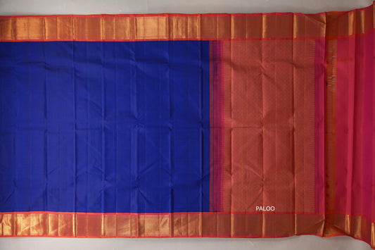Deep blue with Orangish Pink borders Vintage Kanjivaram Silk Saree by Shreenivas Silks PSSR019381