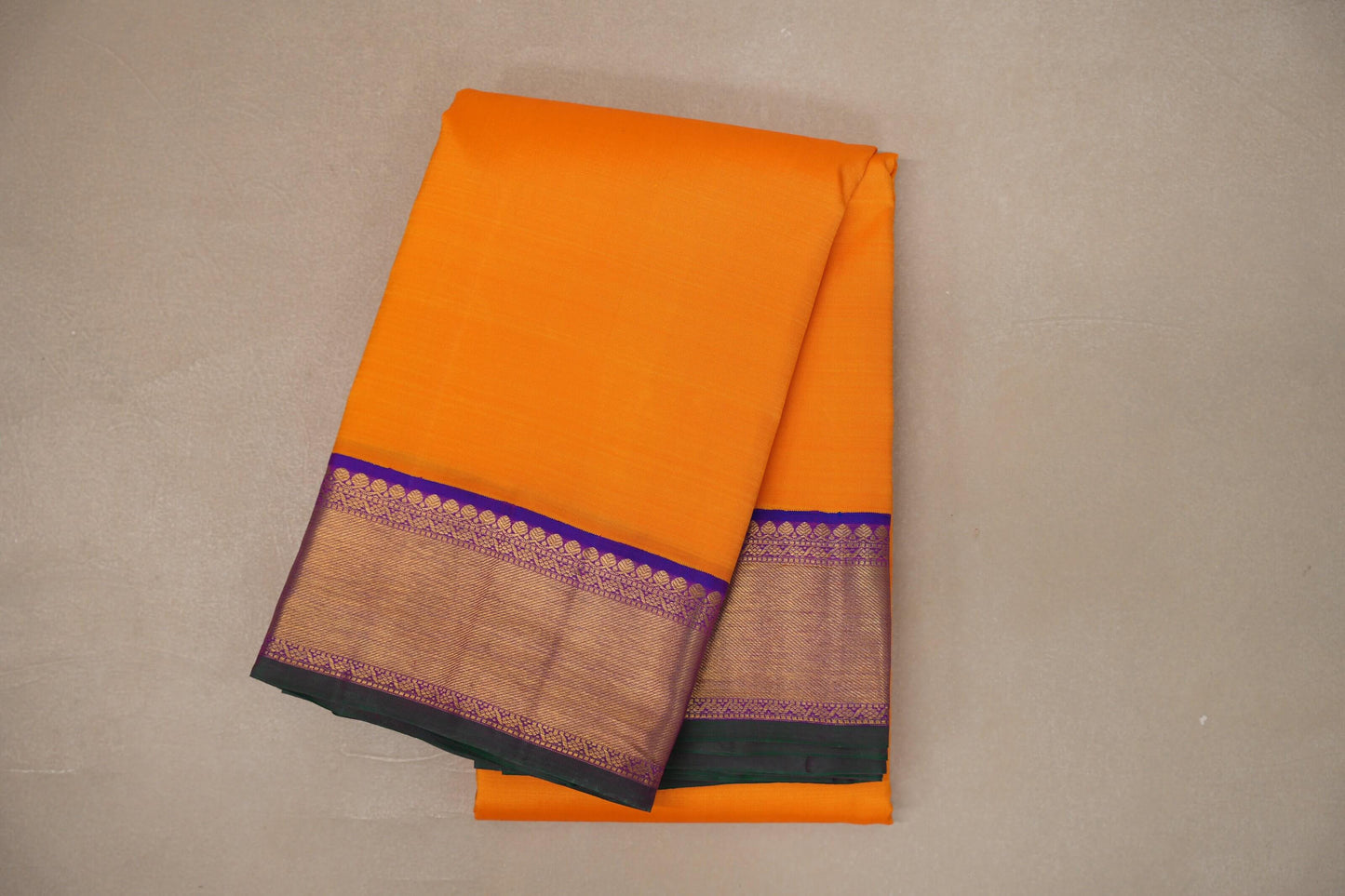 Mango orange with Dual Tone Blue and Magenta with green selvedge borders Vintage Kanjivaram Silk Saree by Shreenivas Silks PSSR019382