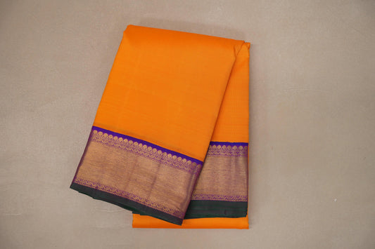 Mango orange with Dual Tone Blue and Magenta with green selvedge borders Vintage Kanjivaram Silk Saree by Shreenivas Silks PSSR019382