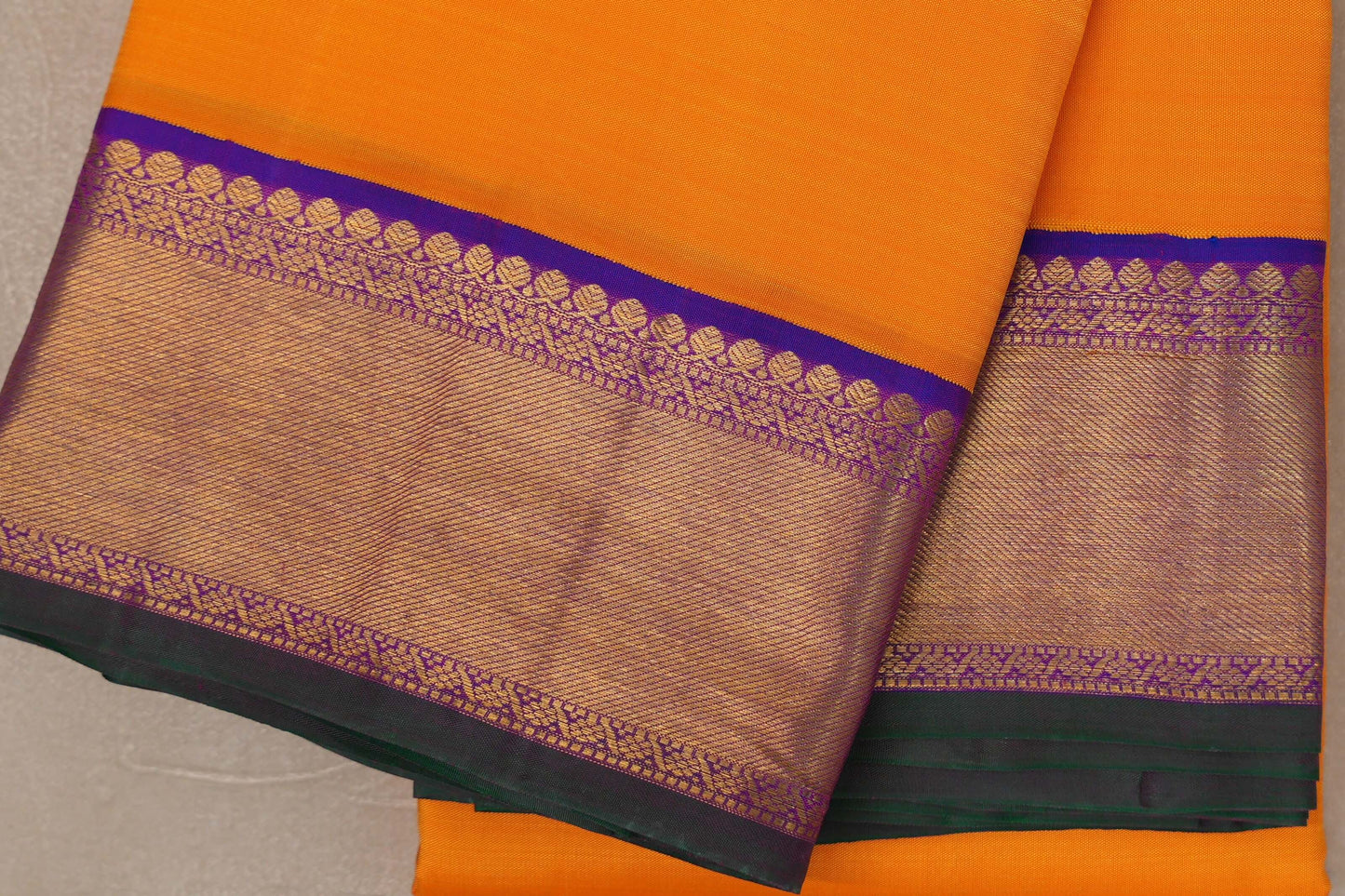 Mango orange with Dual Tone Blue and Magenta with green selvedge borders Vintage Kanjivaram Silk Saree by Shreenivas Silks PSSR019382