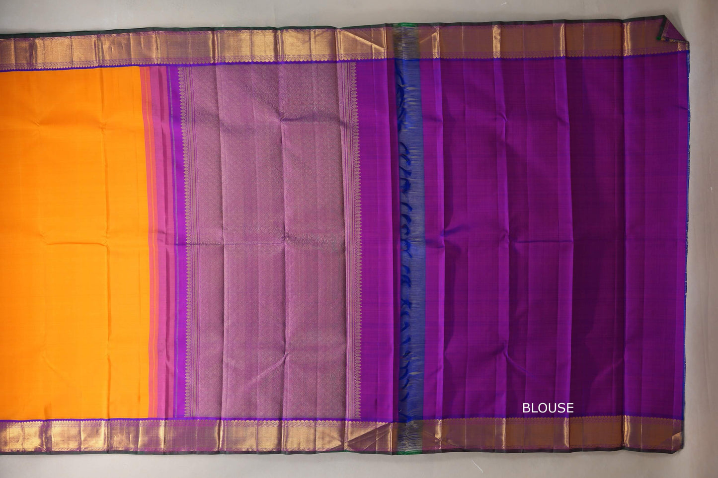 Mango orange with Dual Tone Blue and Magenta with green selvedge borders Vintage Kanjivaram Silk Saree by Shreenivas Silks PSSR019382