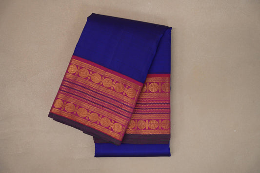 Deep blue with Orangish Pink borders Vintage Kanjivaram Silk Saree by Shreenivas Silks PSSR019383