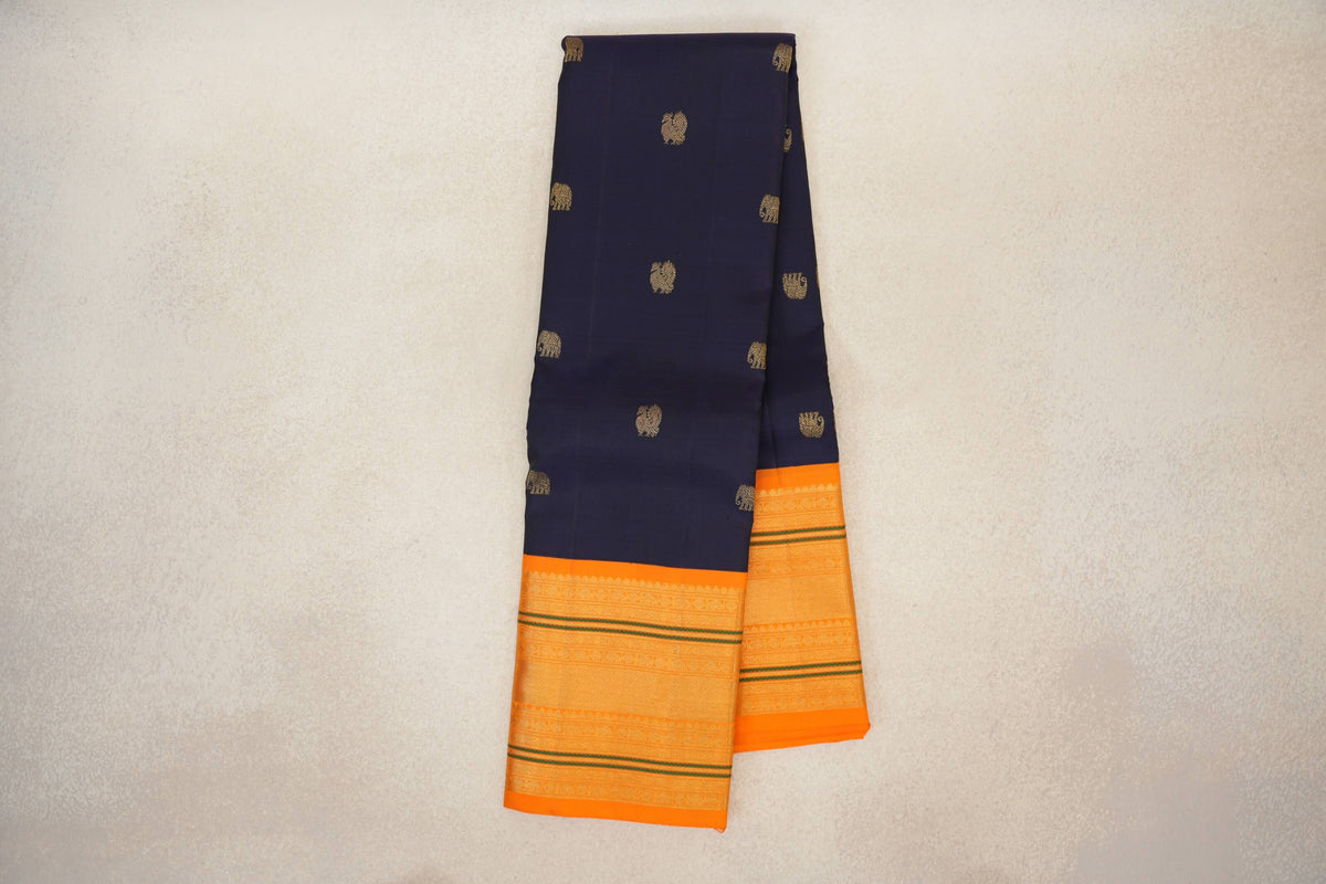 Deep Navy Blue Vintage Kanjivaram Silk Saree paloo