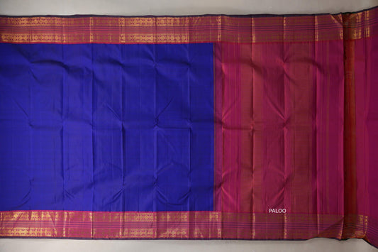 Deep blue with Orangish Pink borders Vintage Kanjivaram Silk Saree by Shreenivas Silks PSSR019383