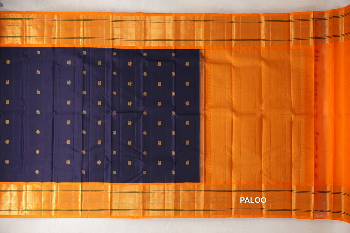 Deep Navy Blue Vintage Kanjivaram Silk Saree paloo