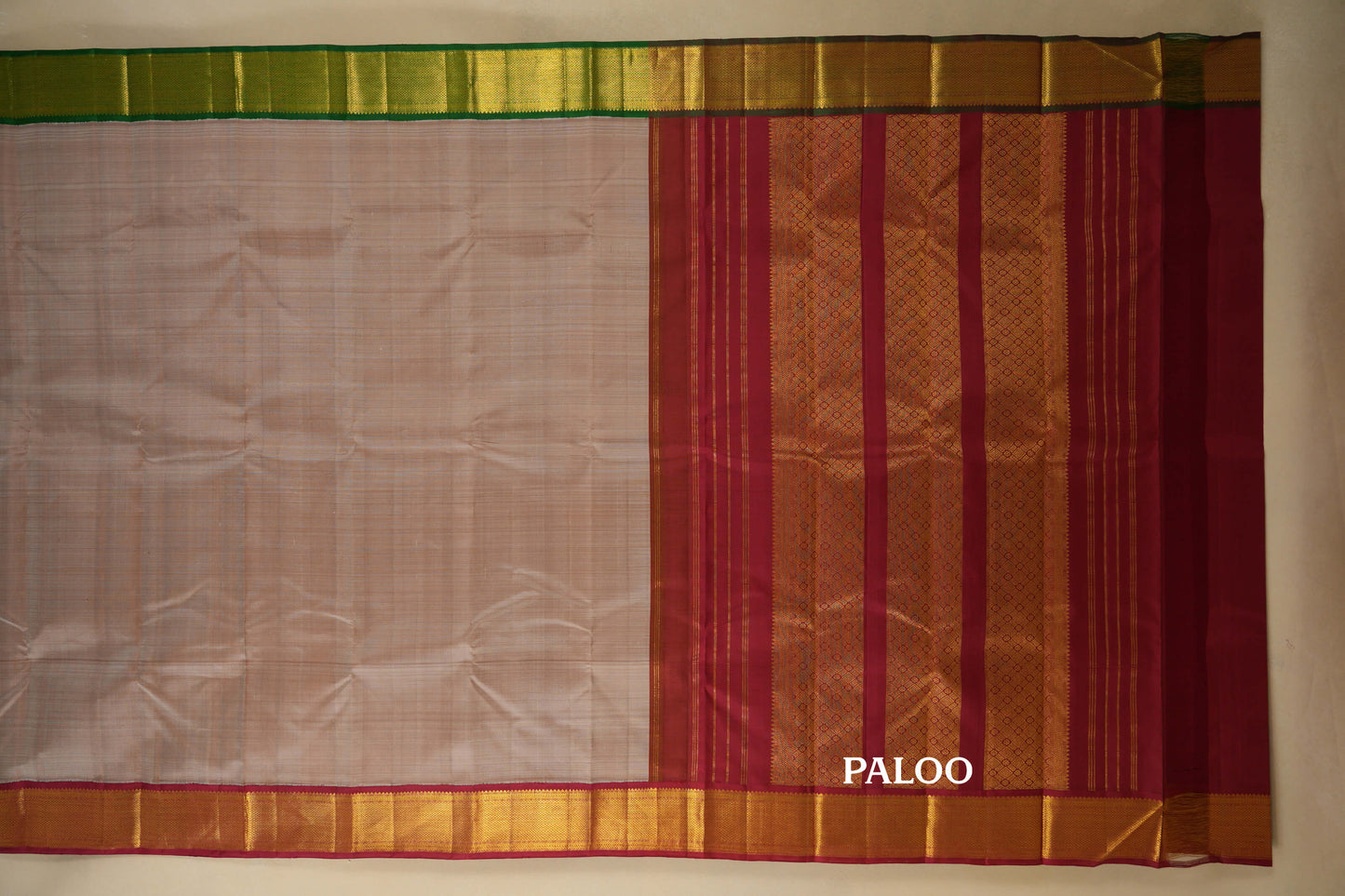 Beige with Maroon/Green Borders Vintage Kanjivaram Silk Saree paloo