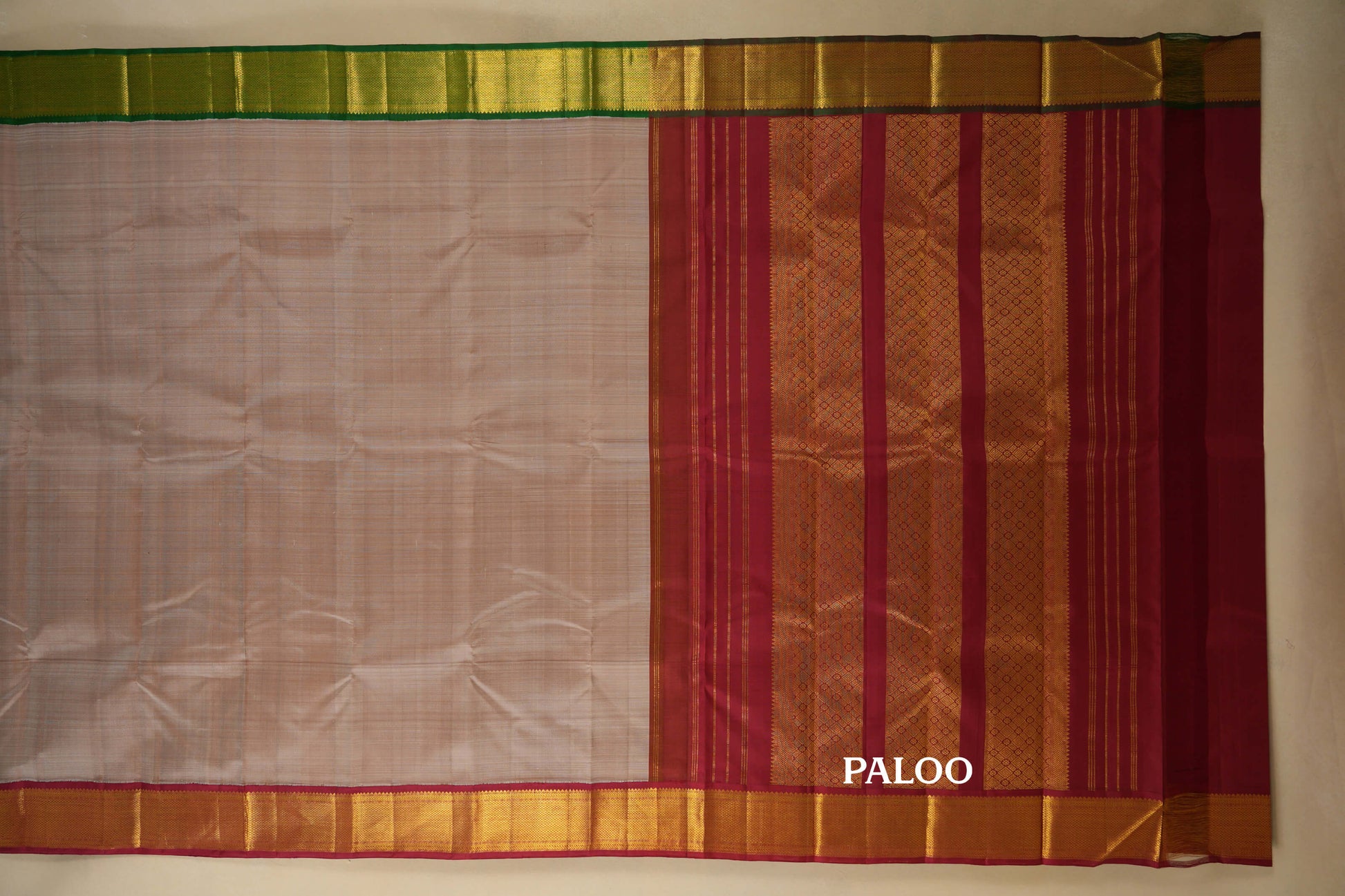 Beige with Maroon/Green Borders Vintage Kanjivaram Silk Saree paloo