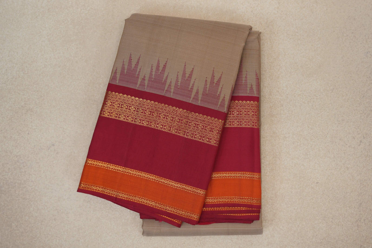 folded Dark Beige Temple Borders Borders Vintage Kanjivaram Silk Saree