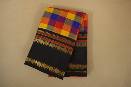 Multi Color Checks with Deep Brown Borders Vintage Kanjivaram Silk Saree