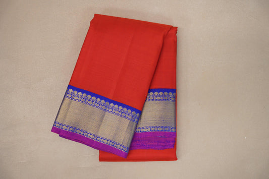 Bright orangish red with Royal Blue border Vintage Kanjivaram Silk Saree by Shreenivas Silks PSSR019386