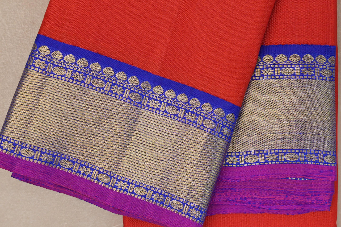 Bright orangish red with Royal Blue border Vintage Kanjivaram Silk Saree by Shreenivas Silks PSSR019386