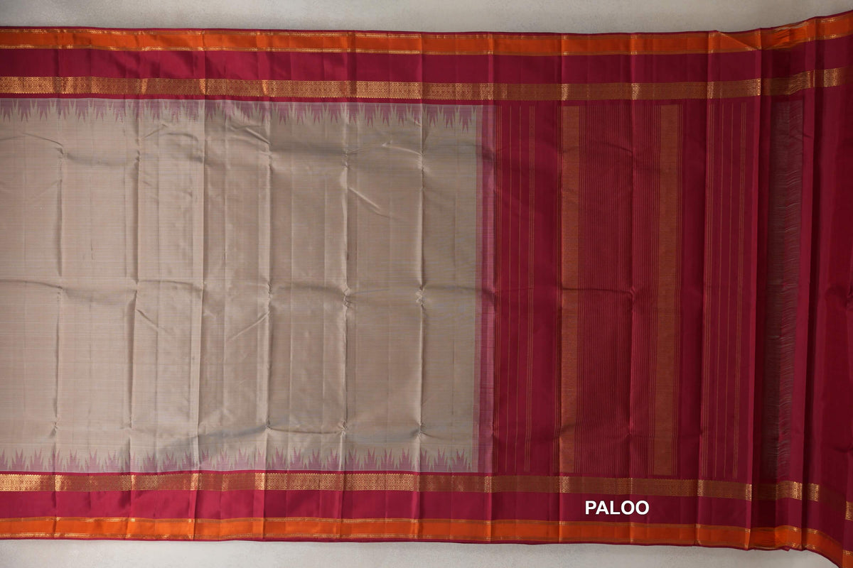 Dark Beige Temple Borders Borders Vintage Kanjivaram Silk Saree paloo