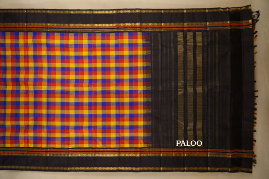 Multi Color Checks with Deep Brown Borders Vintage Kanjivaram Silk Saree paloo