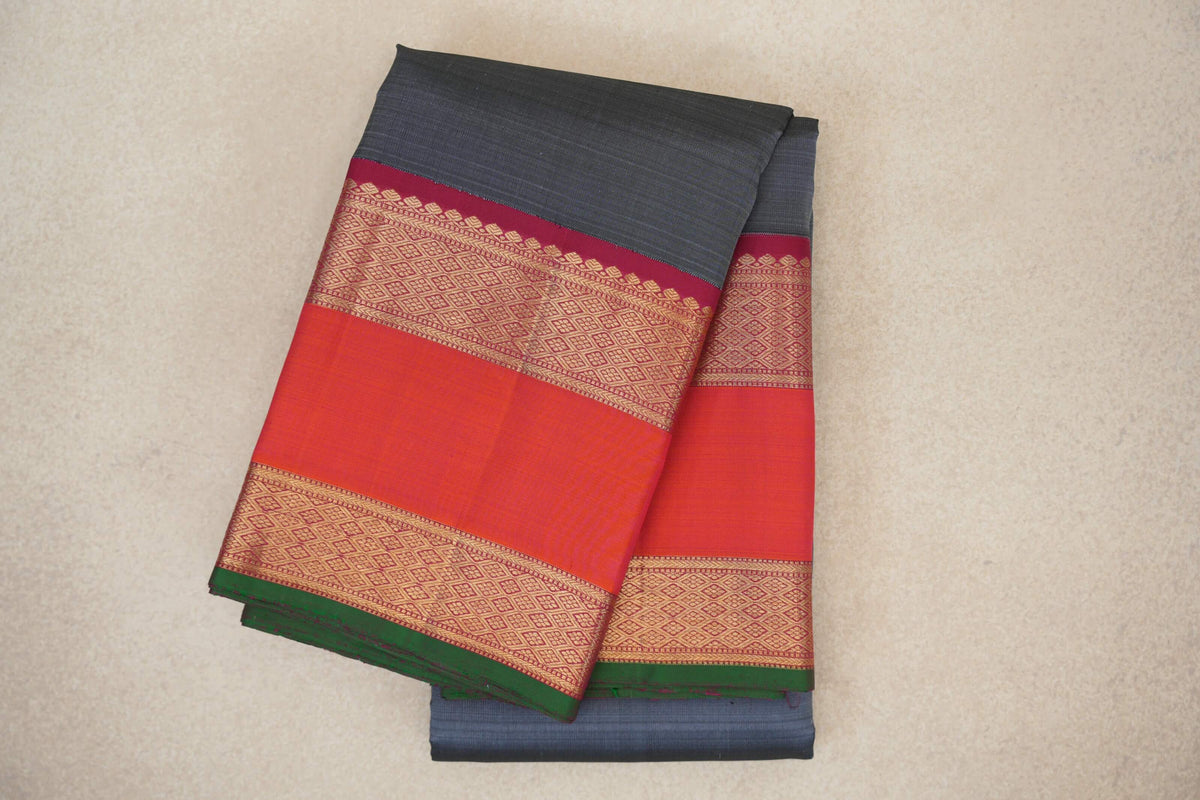 Steel Blue Grey Vintage Kanjivaram Silk Saree