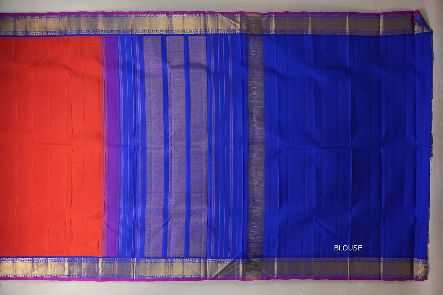 Bright orangish red with Royal Blue border Vintage Kanjivaram Silk Saree by Shreenivas Silks PSSR019386