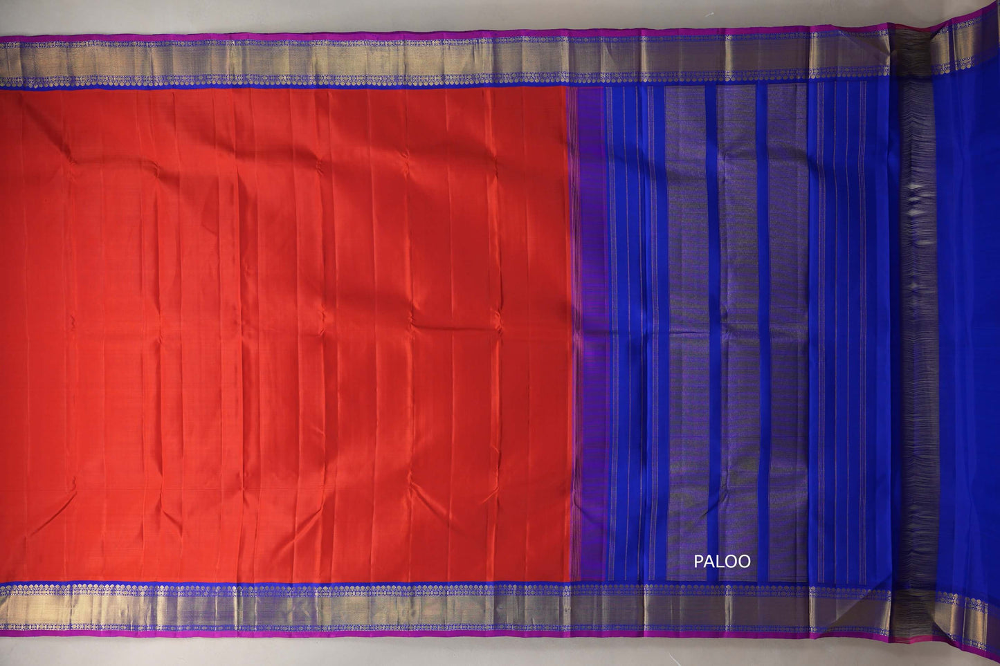 Bright orangish red with Royal Blue border Vintage Kanjivaram Silk Saree by Shreenivas Silks PSSR019386