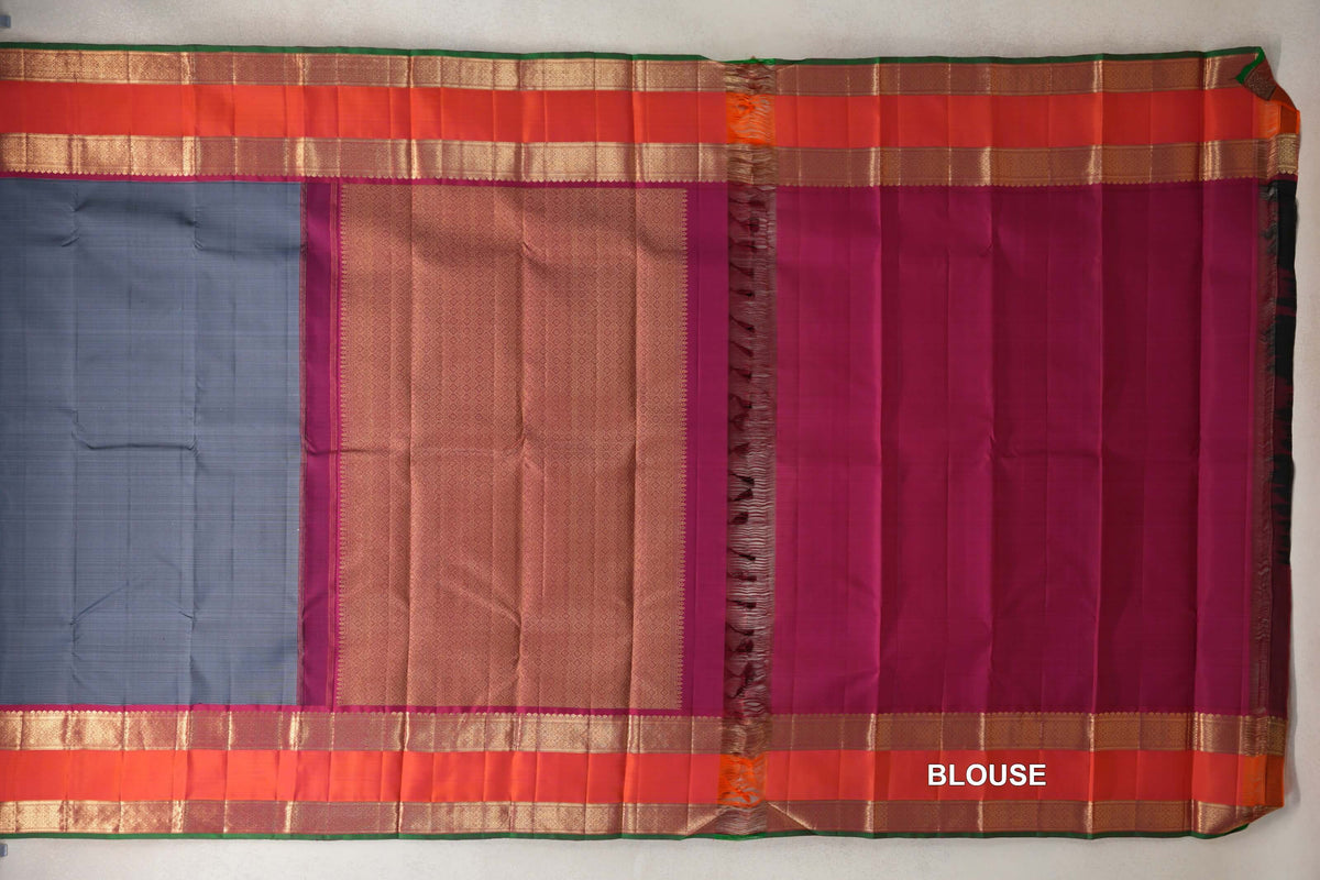 Steel Blue Grey Vintage Kanjivaram Silk Saree blouse