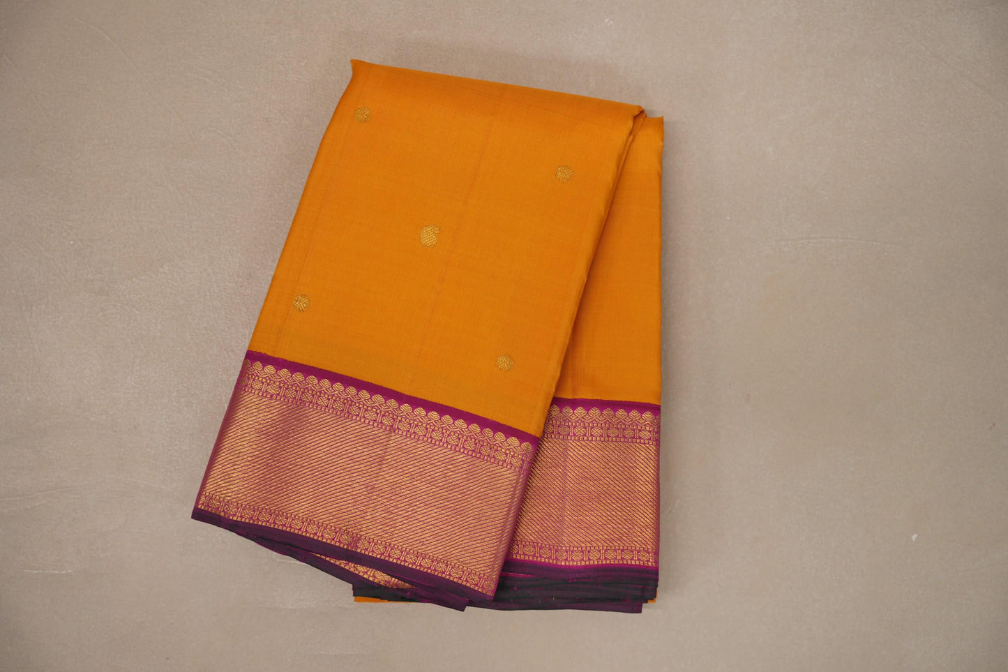 Mango yellow with Deep pink with green selvedge border Vintage Kanjivaram Silk Saree by Shreenivas Silks PSSR019387