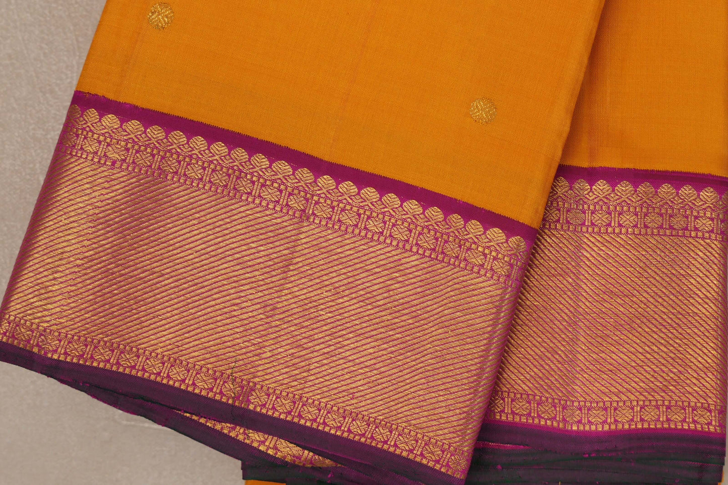 Mango yellow with Deep pink with green selvedge border Vintage Kanjivaram Silk Saree by Shreenivas Silks PSSR019387