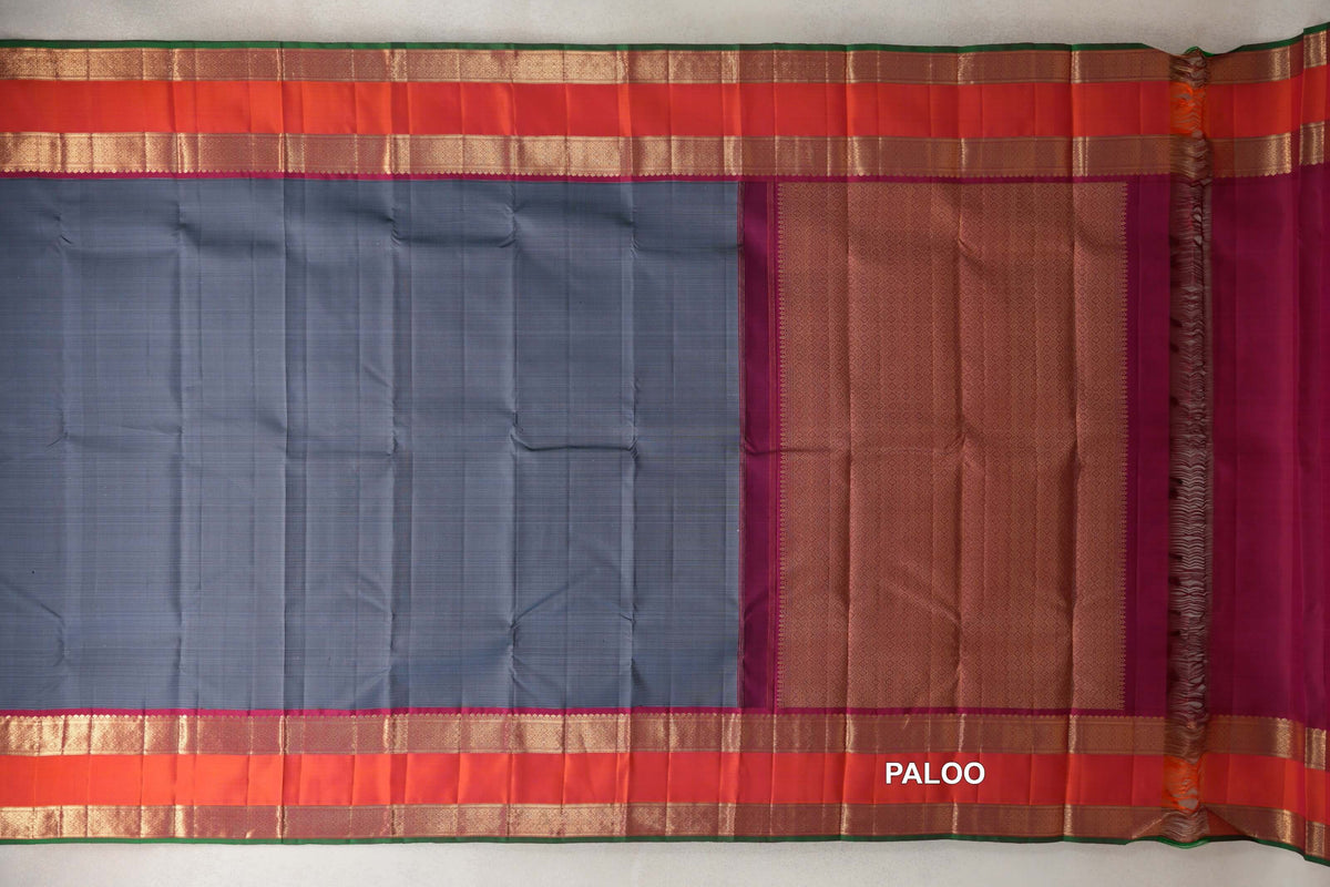 Steel Blue Grey Vintage Kanjivaram Silk Saree paloo