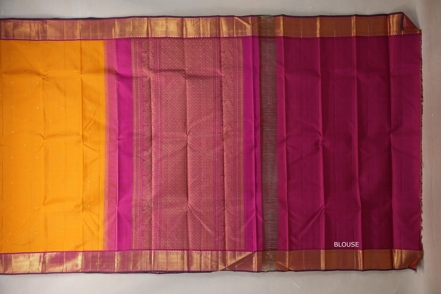 Mango yellow with Deep pink with green selvedge border Vintage Kanjivaram Silk Saree by Shreenivas Silks PSSR019387