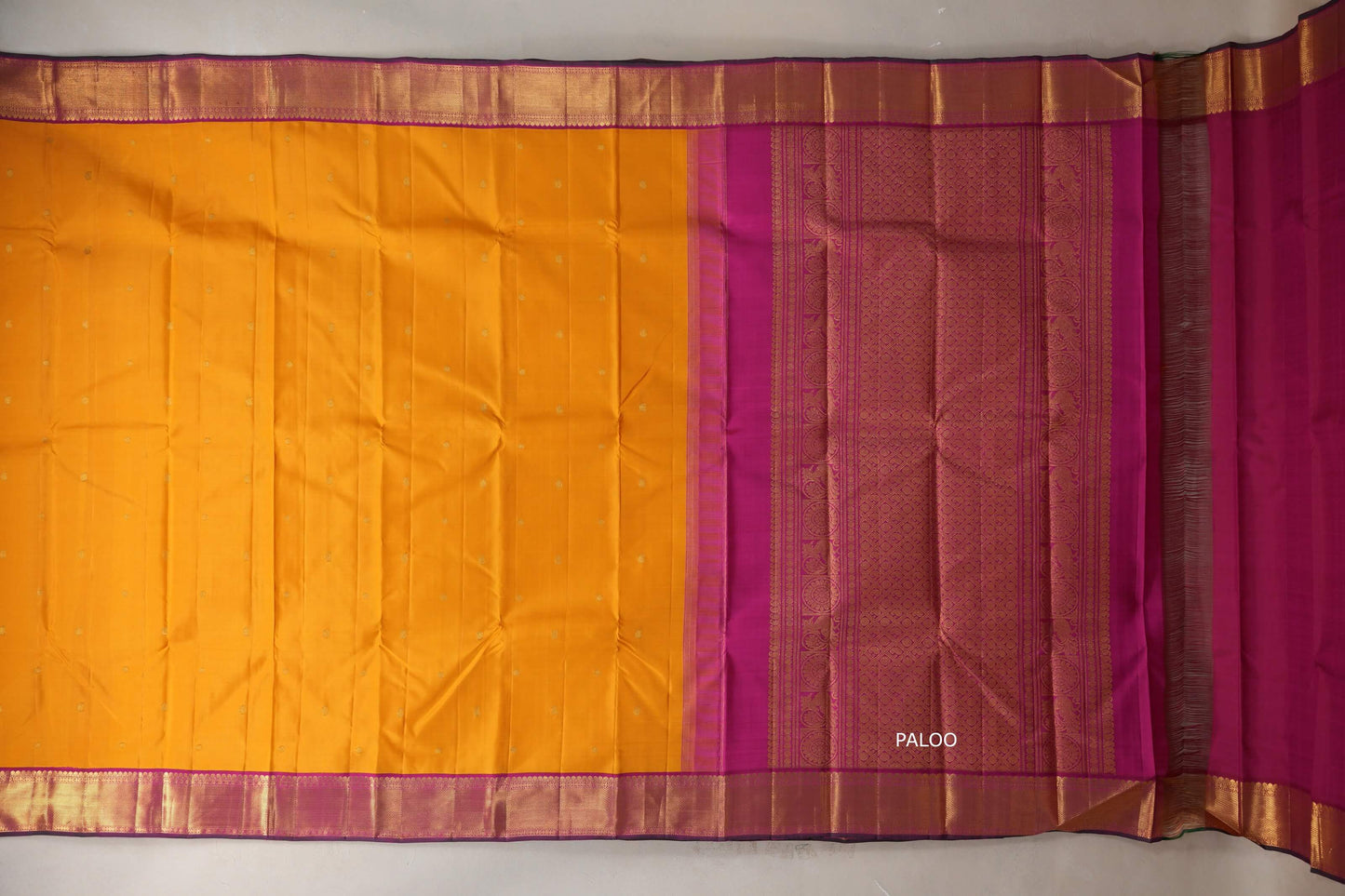 Mango yellow with Deep pink with green selvedge border Vintage Kanjivaram Silk Saree by Shreenivas Silks PSSR019387