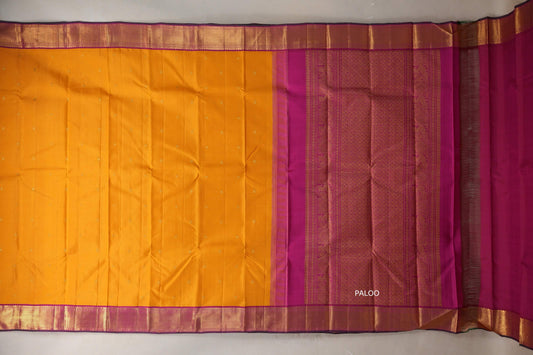 Mango yellow with Deep pink with green selvedge border Vintage Kanjivaram Silk Saree by Shreenivas Silks PSSR019387