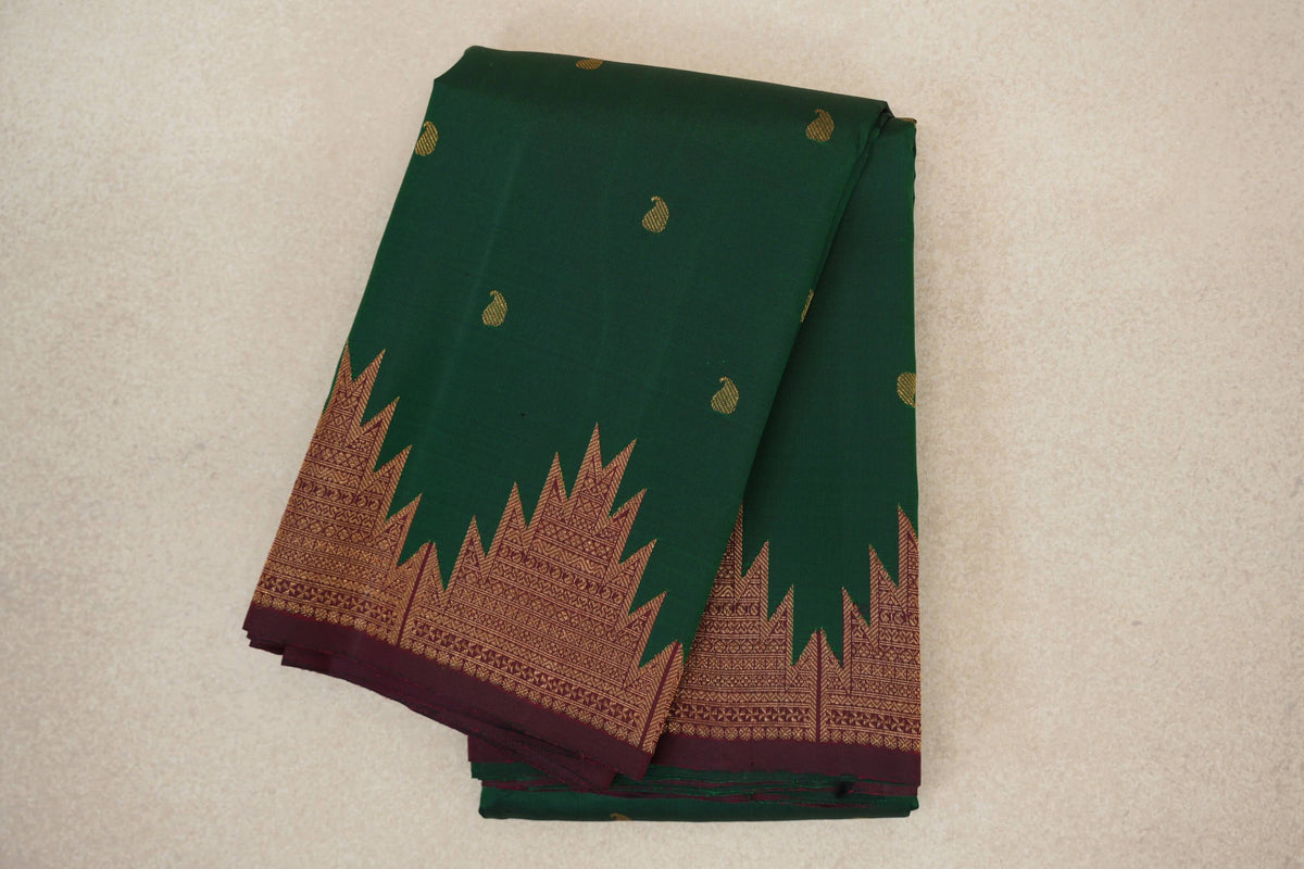 folded Deep Bottle Green Temple Borders Vintage Kanjivaram Silk Saree
