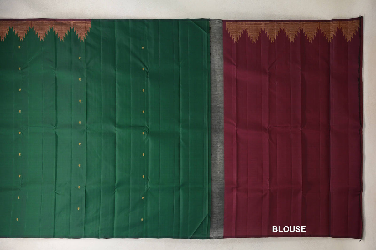 Deep Bottle Green Temple Borders Vintage Kanjivaram Silk Saree blouse