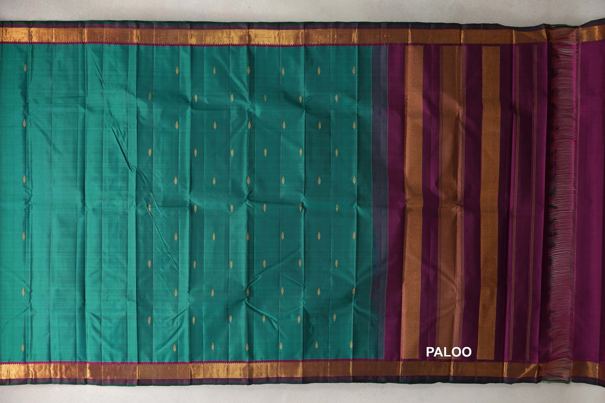 Teal Green Vintage Kanjivaram Silk Saree paloo