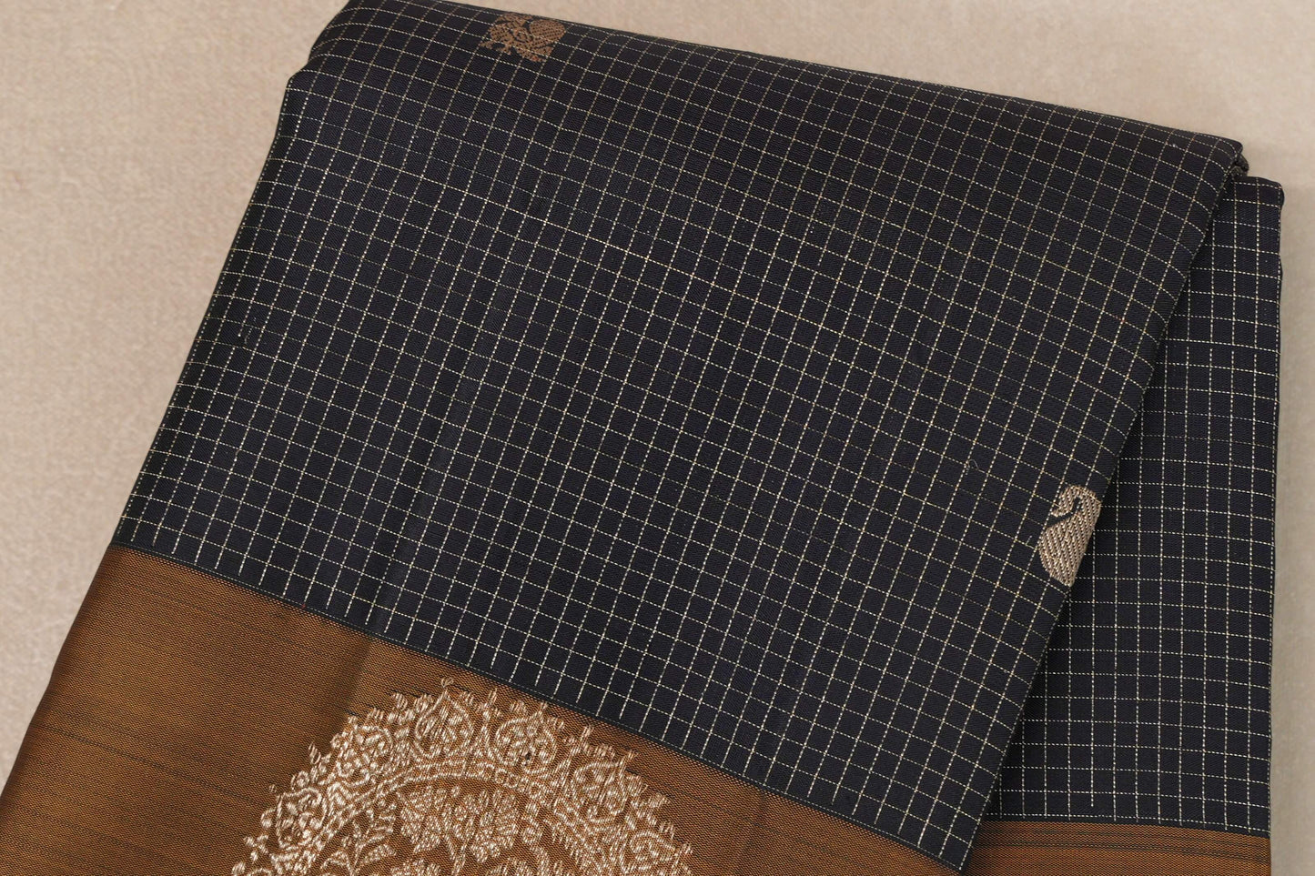Deep navy blue with Golden Olive Green Vintage Kanjivaram Silk Saree by Shreenivas Silks PSSR019393
