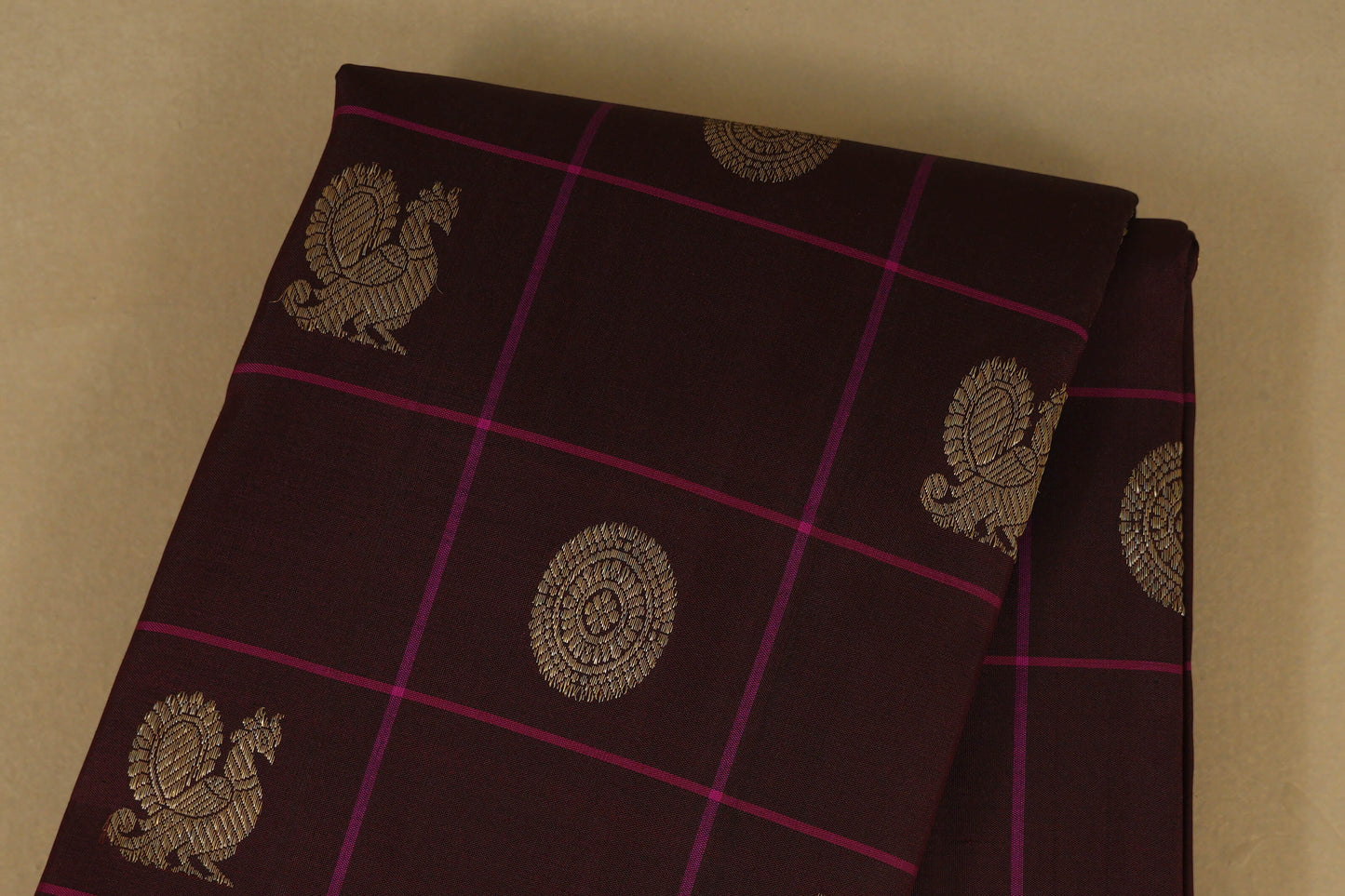 Coffee Brown Checks with Borderless Vintage Kanjivaram Silk Saree body