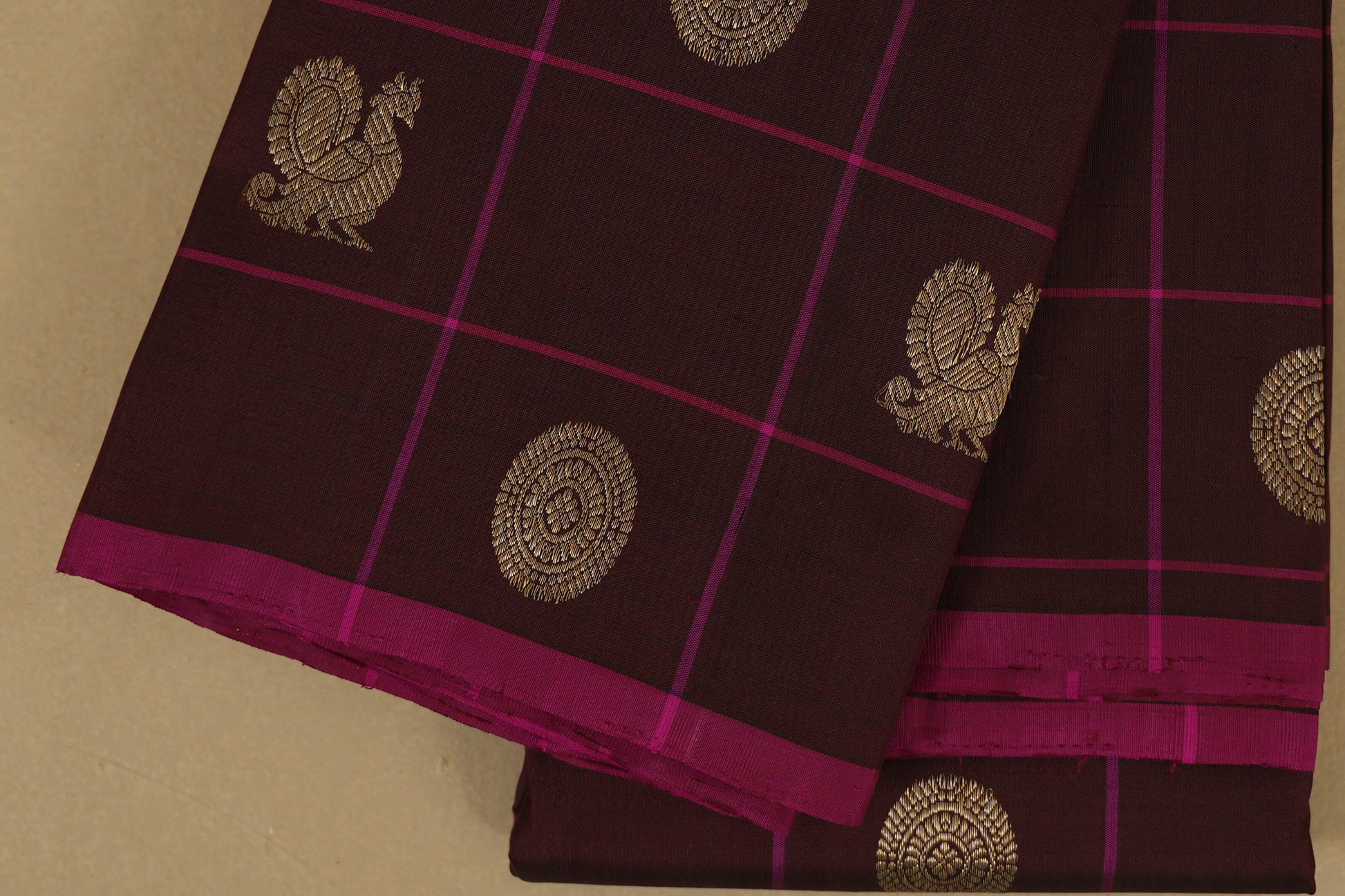 Coffee Brown Checks with Borderless Vintage Kanjivaram Silk Saree online