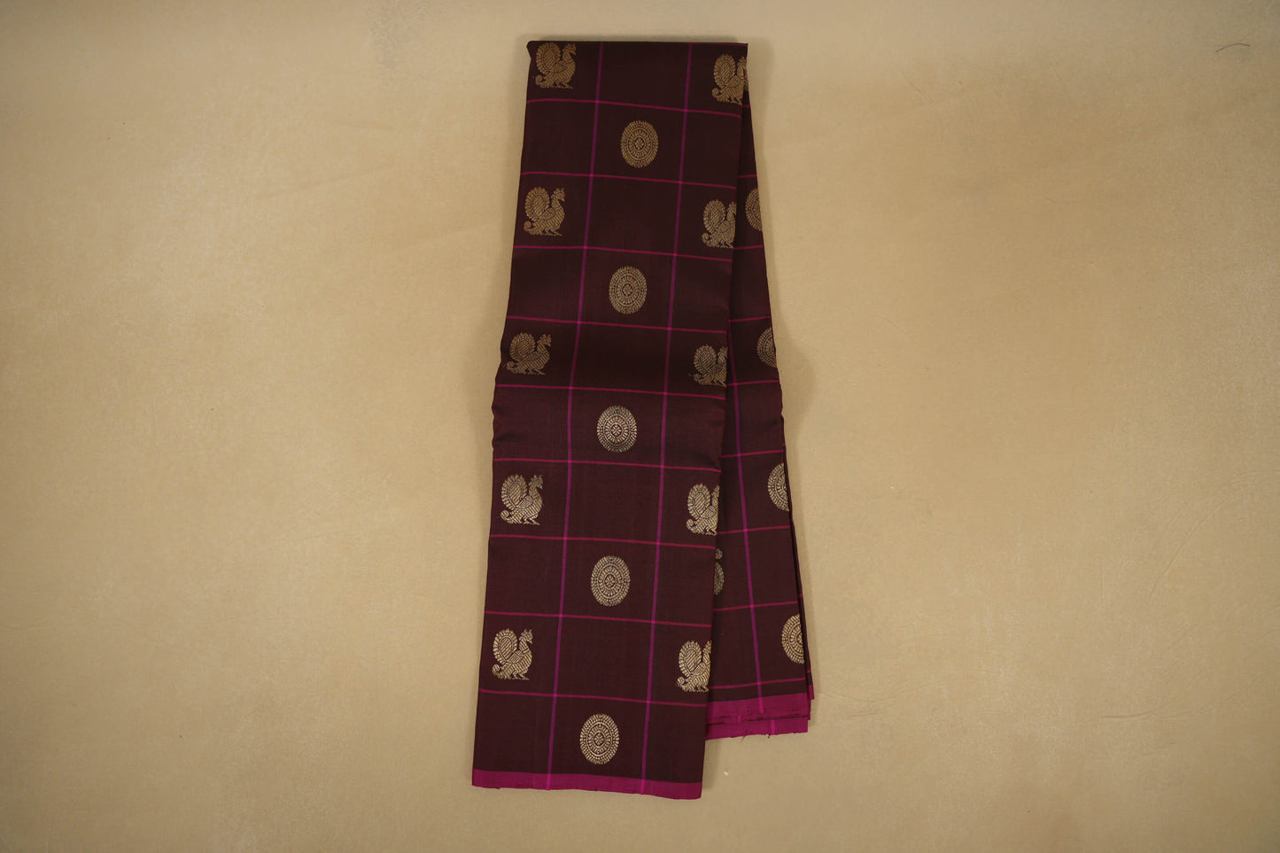 Online Coffee Brown Checks with Borderless Vintage Kanjivaram Silk Saree